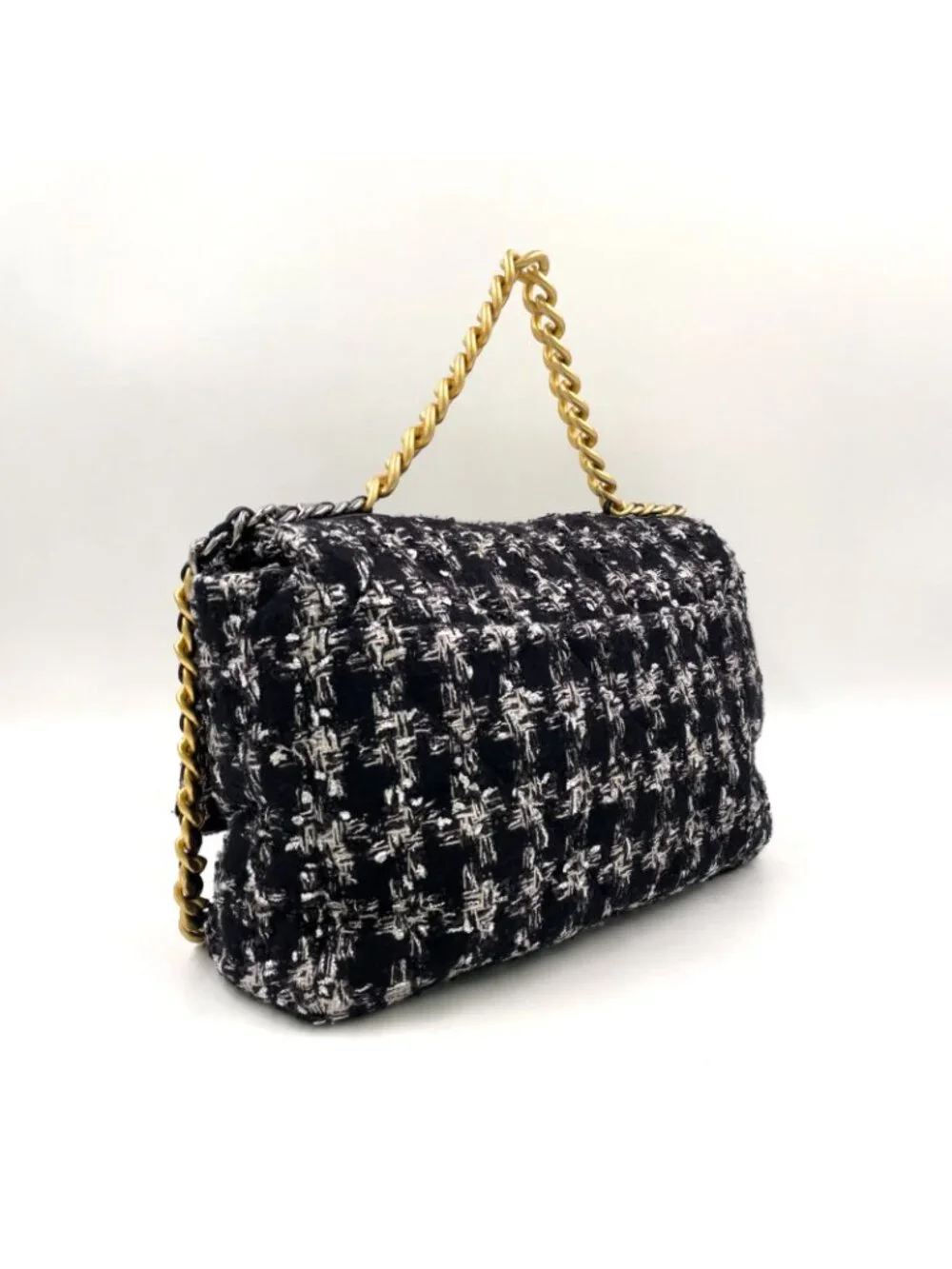 Chanel CC Logo Handle Leather Tweed Black Shoulder Bag Gold